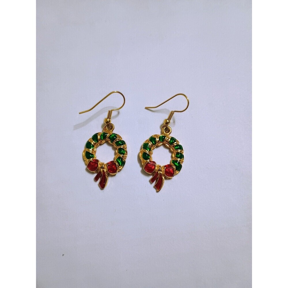 Vintage Gold Tone Green And Red Enamel Christmas Wreath Hook Earrings